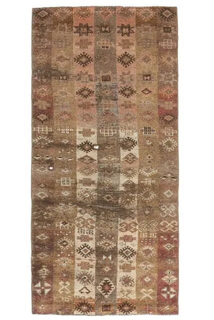 Vintage Turkish Hand-Knotted Wool Cotton Brown Runner 94x203