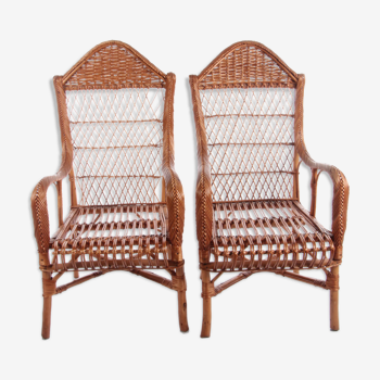 Ensemble vintage de 2 fauteuils en rotin fabriqués vers les années 1960, aux Pays-Bas