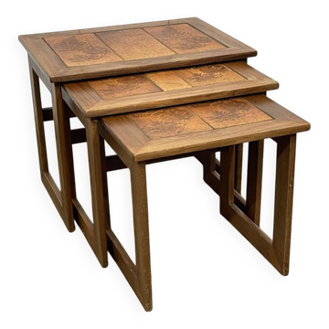 Set of 3 nesting tables in teak with tiled tops.