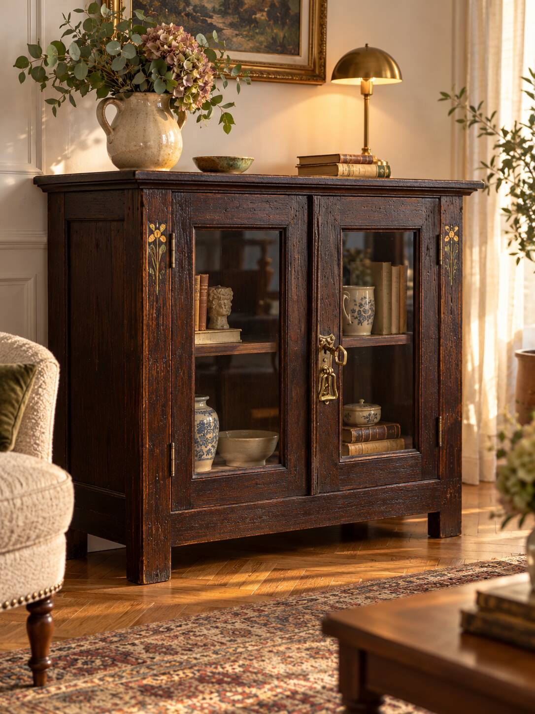 Antique low display cabinet with two glass doors,
