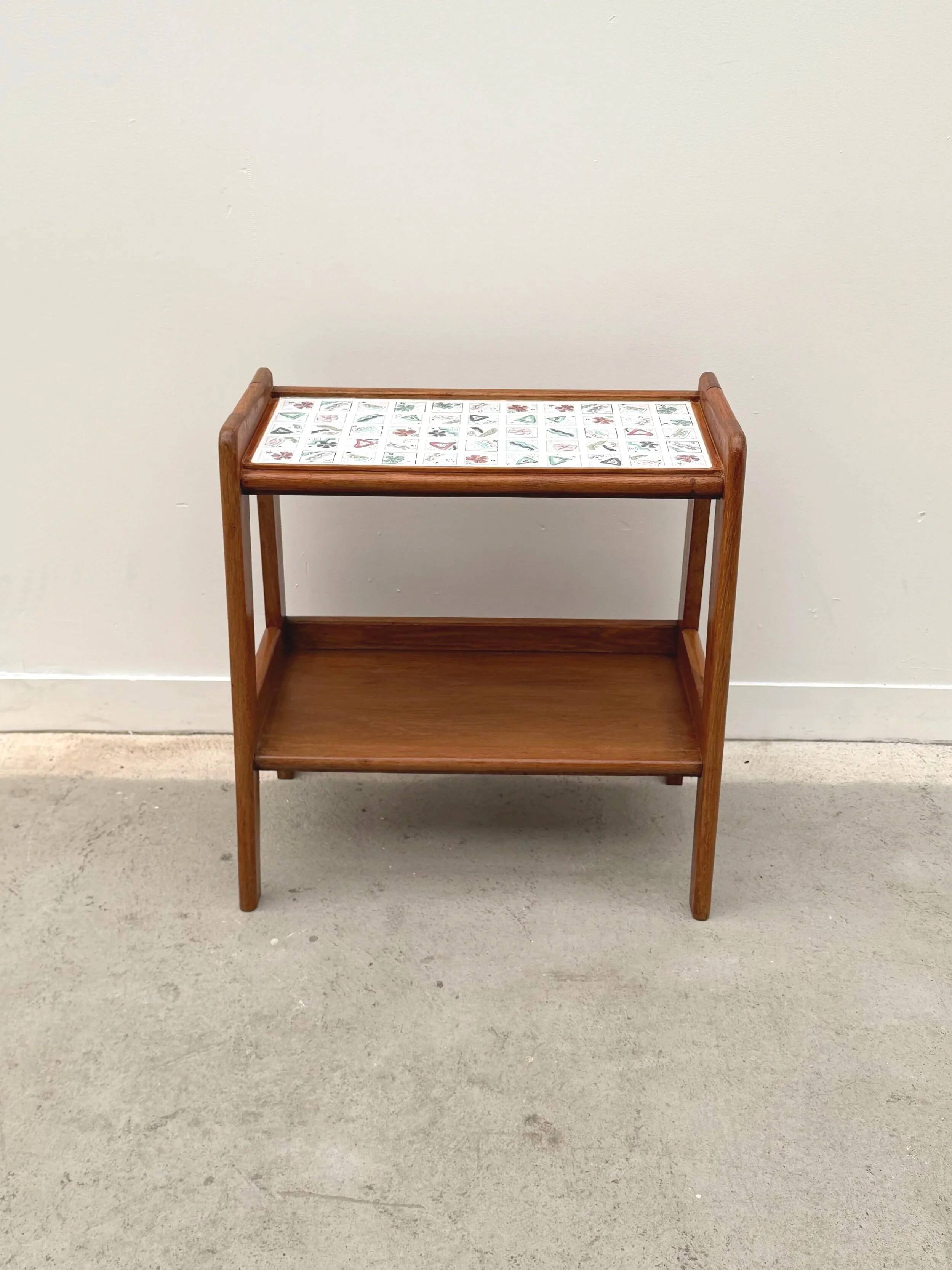 Side table in wood and ceramic, France 1950