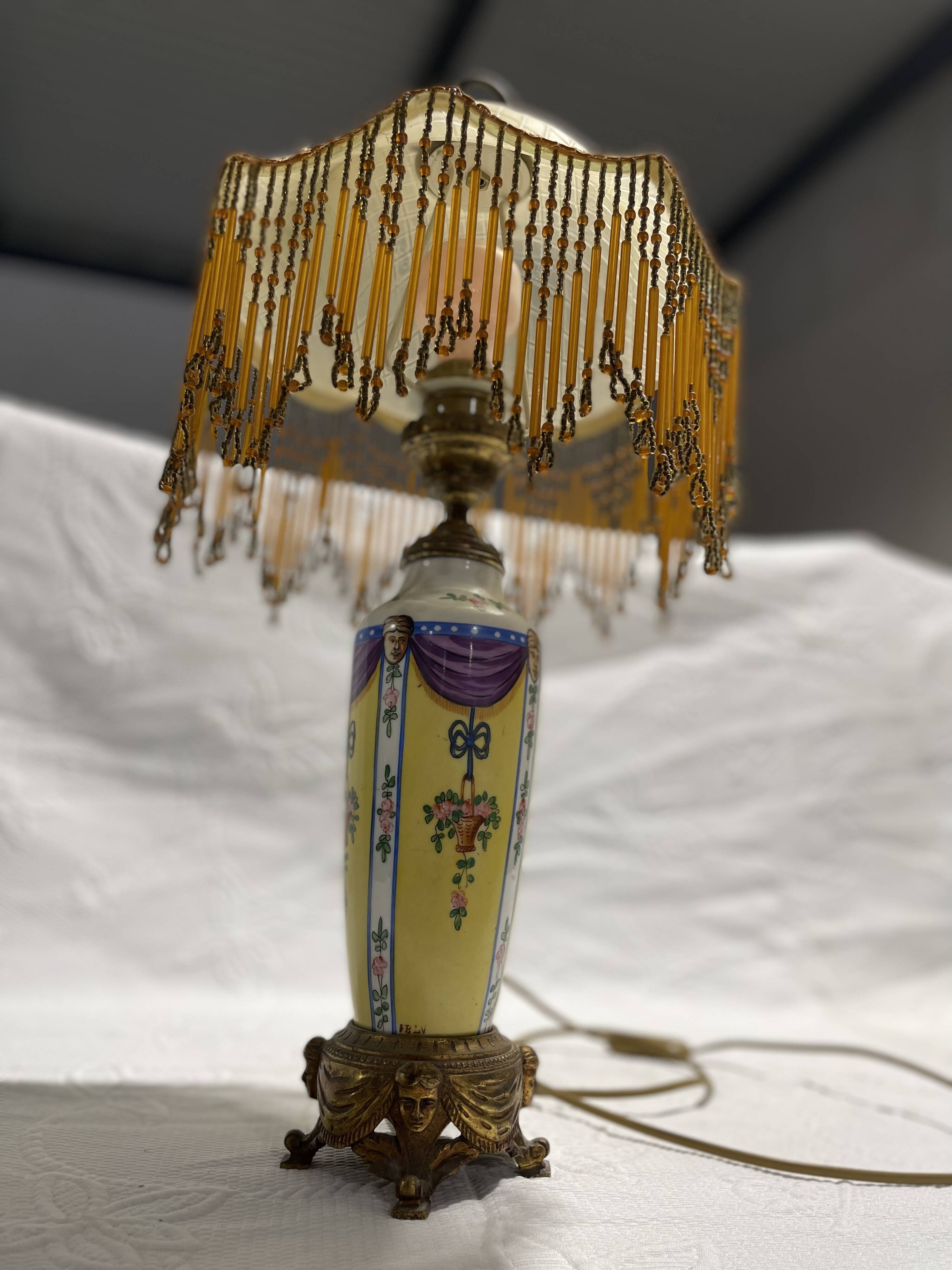 Old lamp with beaded fringed glass shade 40 years