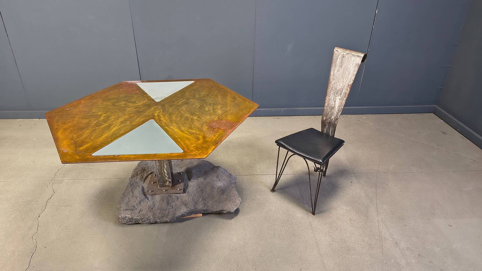 Hand crafted steel and stone dining set, 1970s