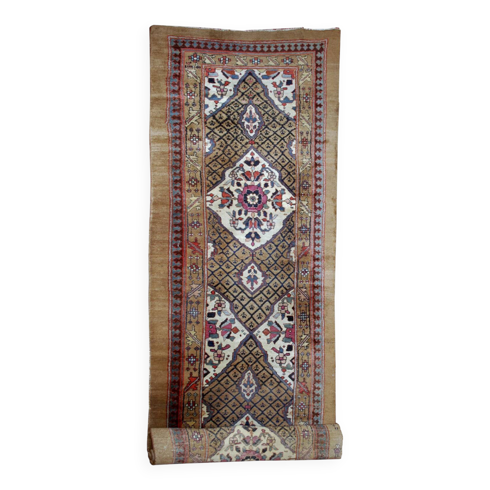 Handmade antique Persian camel hair runner 4' x 15.2' (122cm x 463cm) 1880s - 1B556