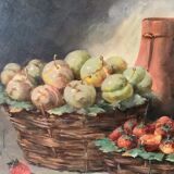 Still life with fruits (strawberries/pumpkin), on canvas frame with gilded baroque frame