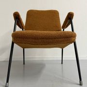 Vintage metal armchair with orange boucle fabric, French design from the 1950s.