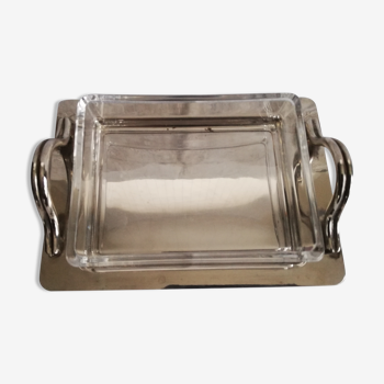 Art deco glass and silver metal butter dish