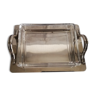 Art deco glass and silver metal butter dish