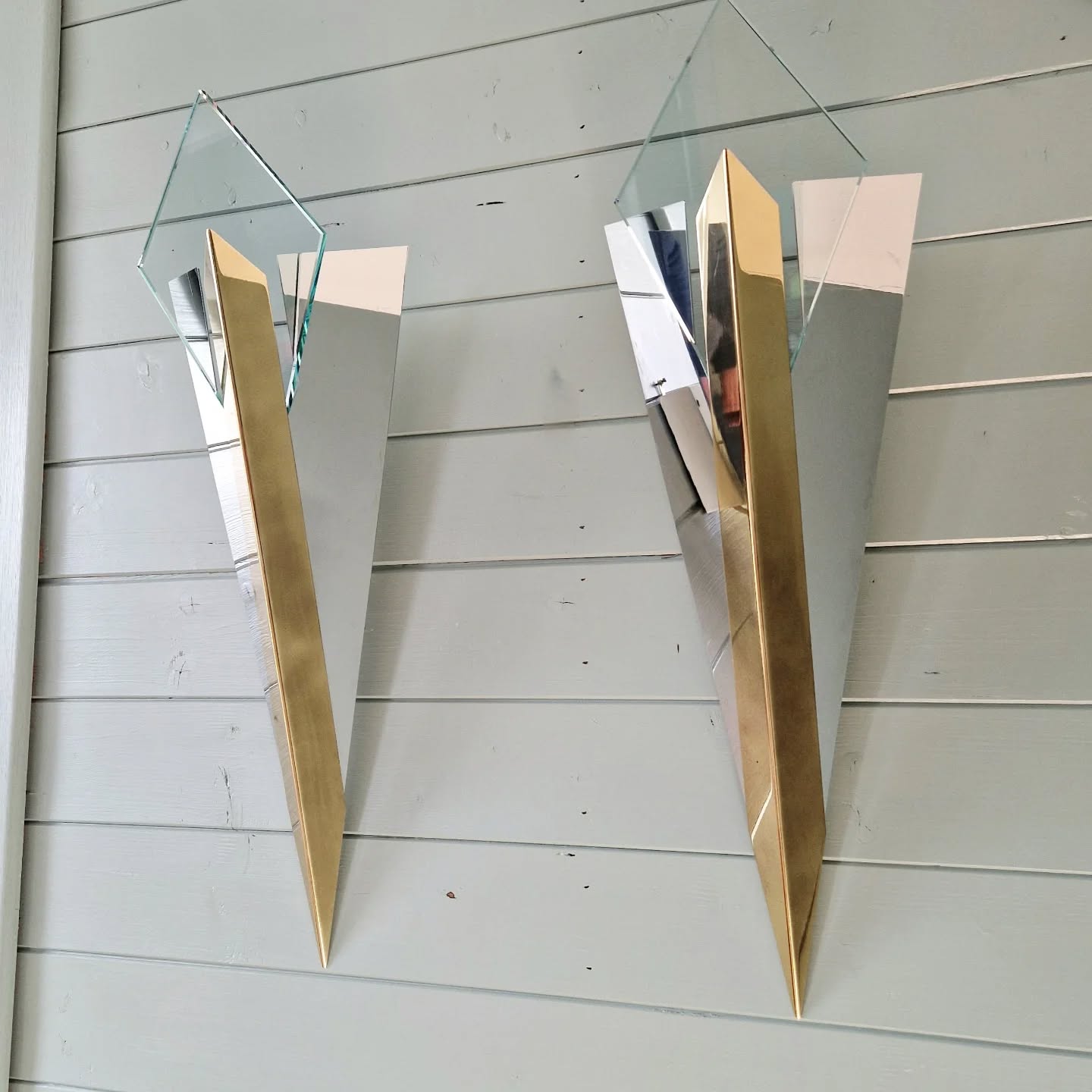 Large pair of triangular wall sconces, J.T. Kalmar, 1970-80.