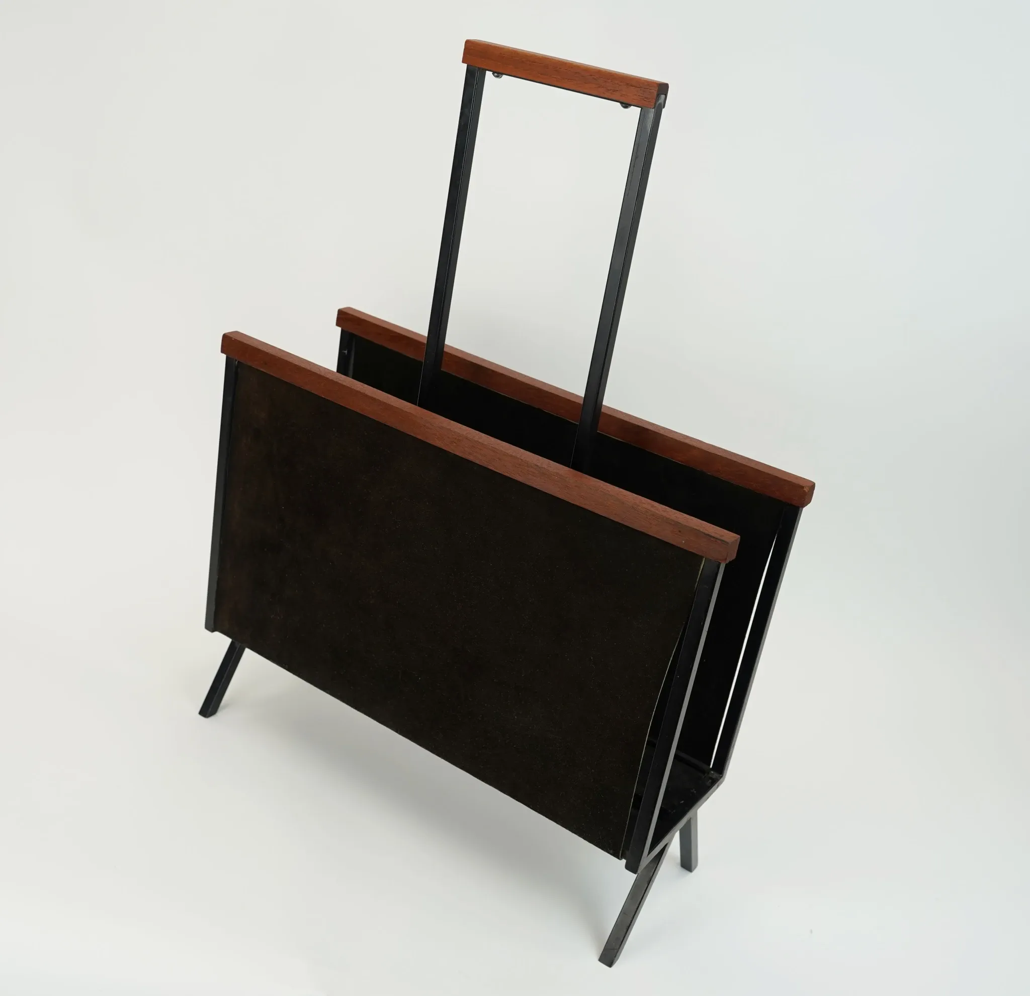1960s mid century MAGAZINE RACK newspaper holder brown suede metal teakwood