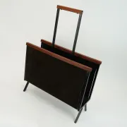 1960s mid century MAGAZINE RACK newspaper holder brown suede metal teakwood