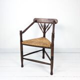 Chaise d’angle vintage antique à trois pieds en bois massif avec assise en