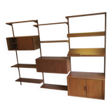 Modular 3-compartment teak wall shelving system with desk and lighting by Kai Kristiansen for FM, Denmark, 1960s