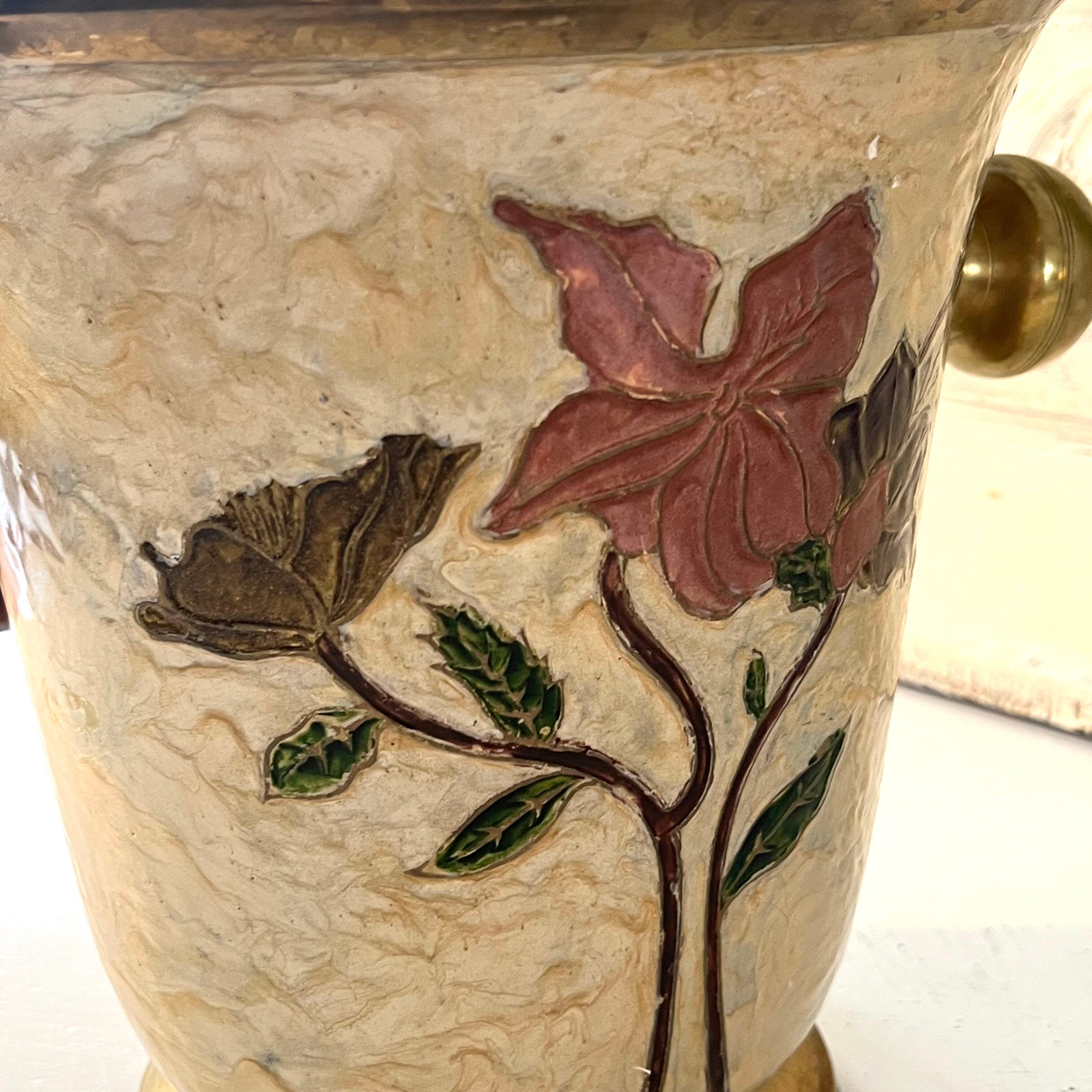 Rare French Art Nouveau Cloisonne Brass Champagne Cooler with Orchid E