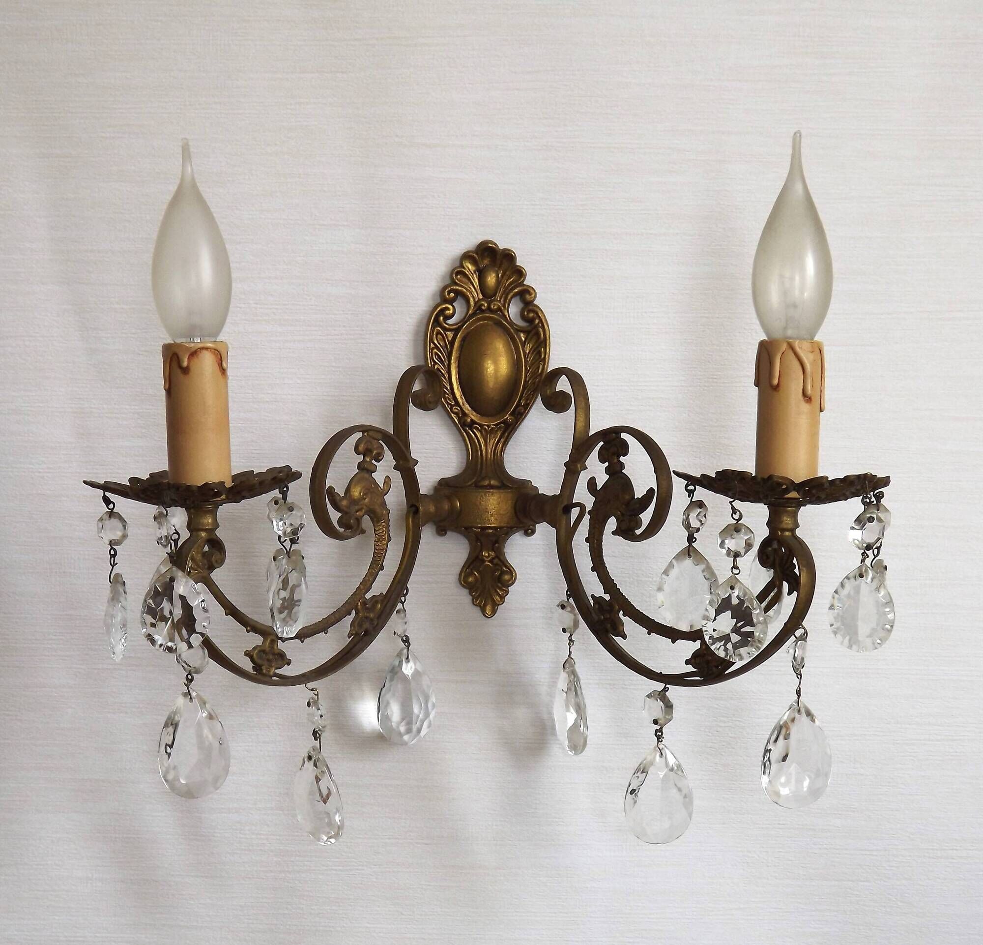 French Vintage Double Bronze & Crystal Wall Light - Stylized Dolphin Detail