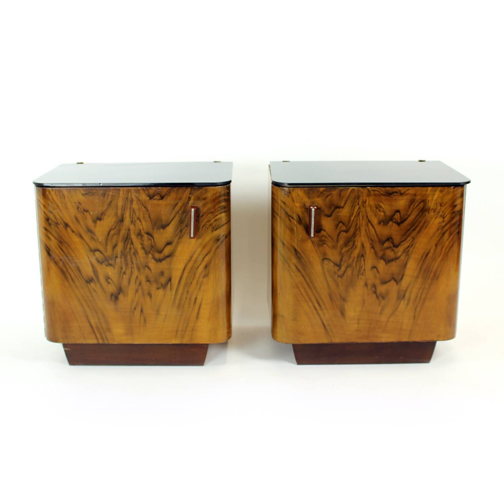 Pair Of Art Deco Bedside Tables With Faux Wood Graining & Glass, Czechoslov
