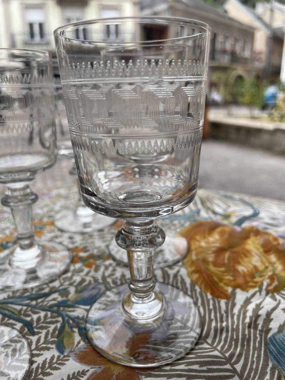 Set of 7 port or dessert wine glasses in ancient baccarat greek frieze