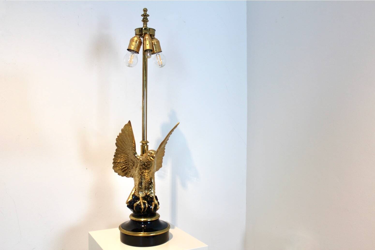 Pair of large Belgian brass carved eagle table lamps