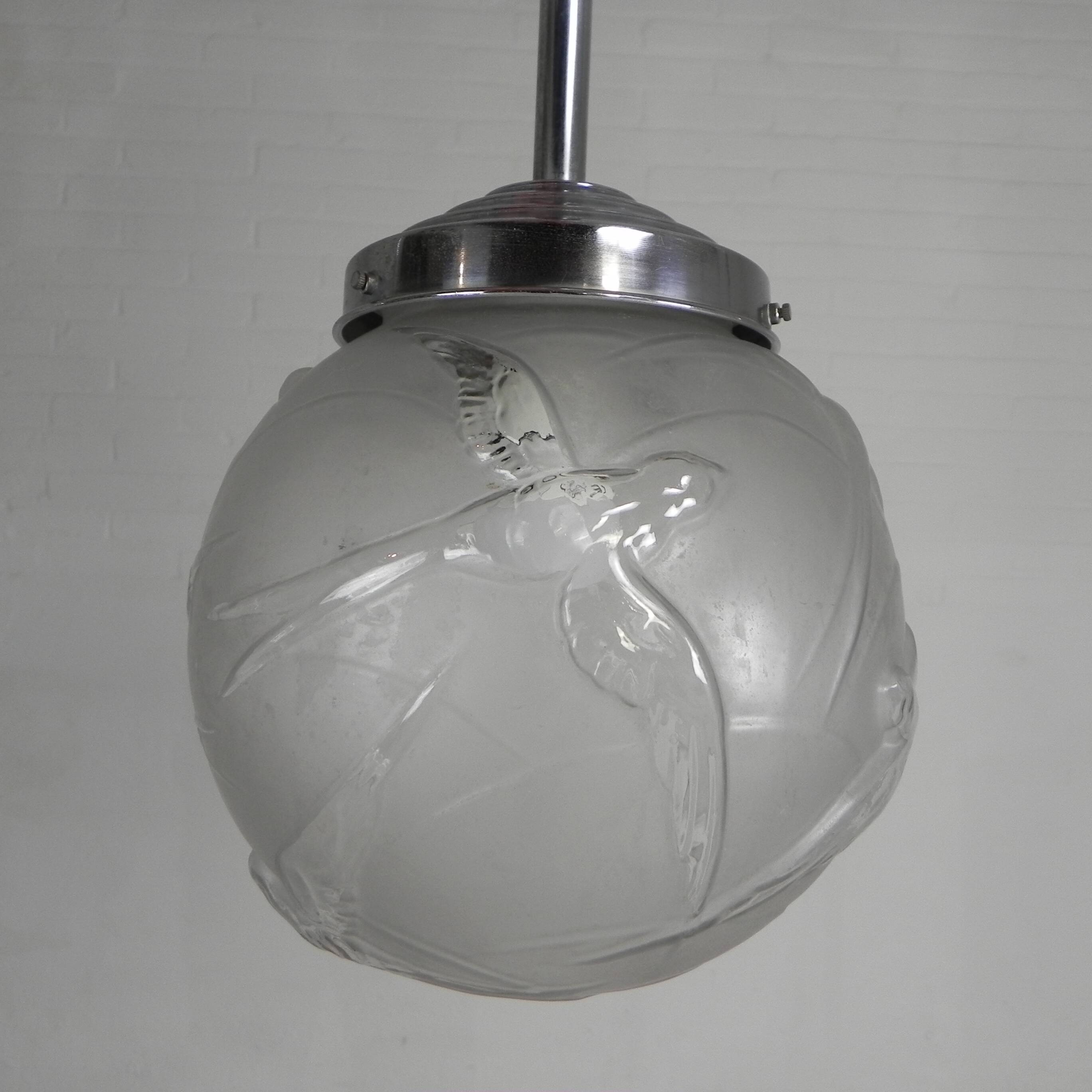Art Deco pendant light with engraved glass globe and birds, 1930s
