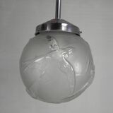 Art Deco pendant light with engraved glass globe and birds, 1930s
