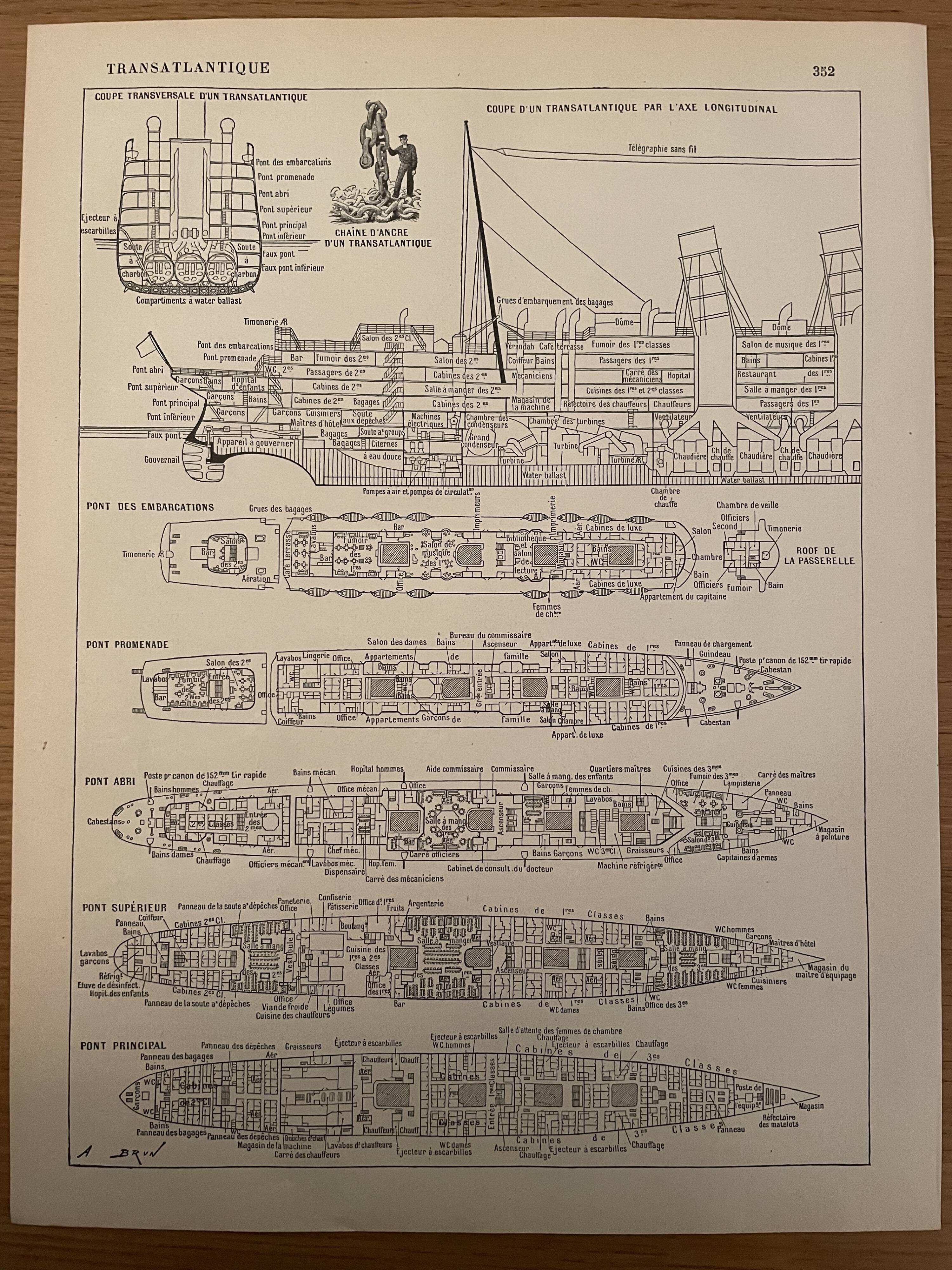 Set of 2 lithographs plan of the transatlantic liner of 1907