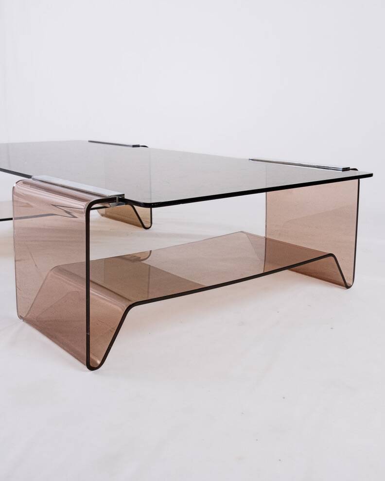 Table basse en plexi fumé et verre, Michel Dumas, France, 1970