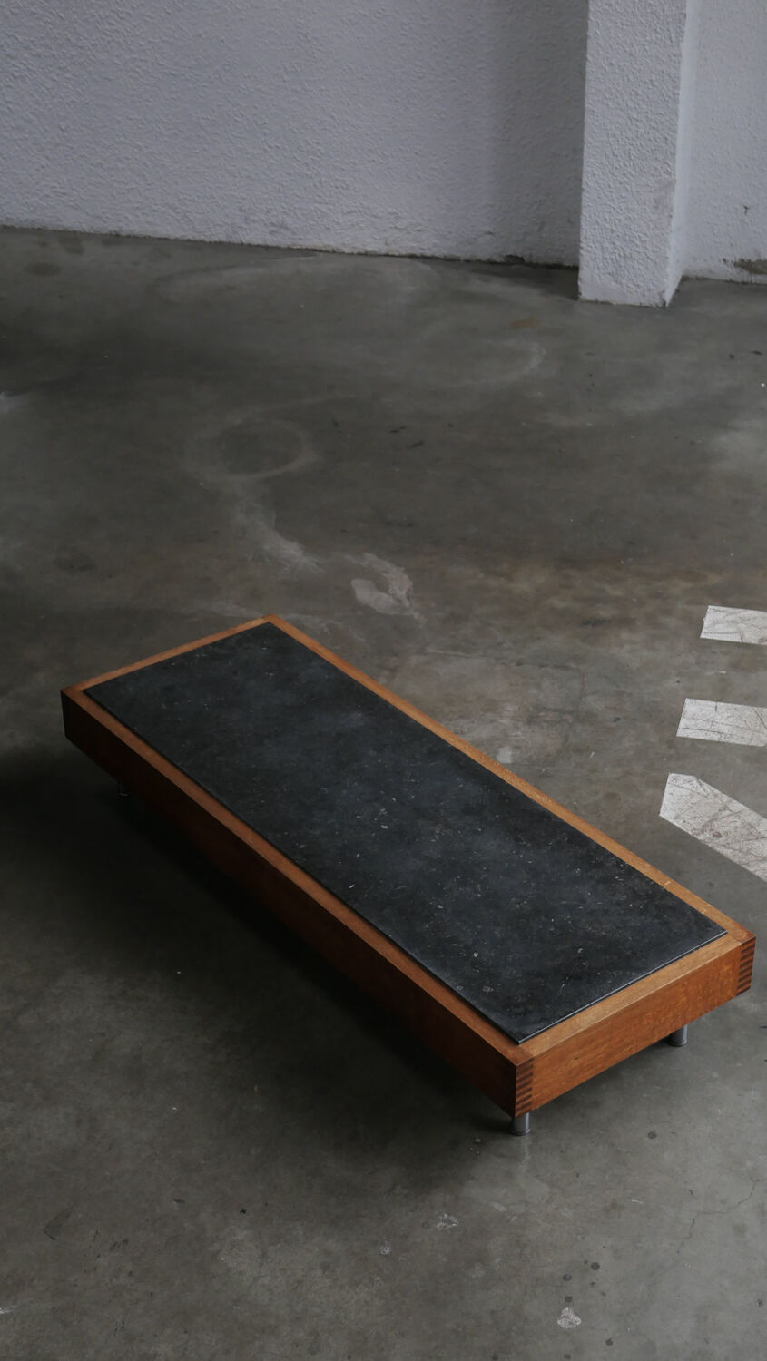 Belgian coffee table from the 80s, oak and blue stone from Belgium.
