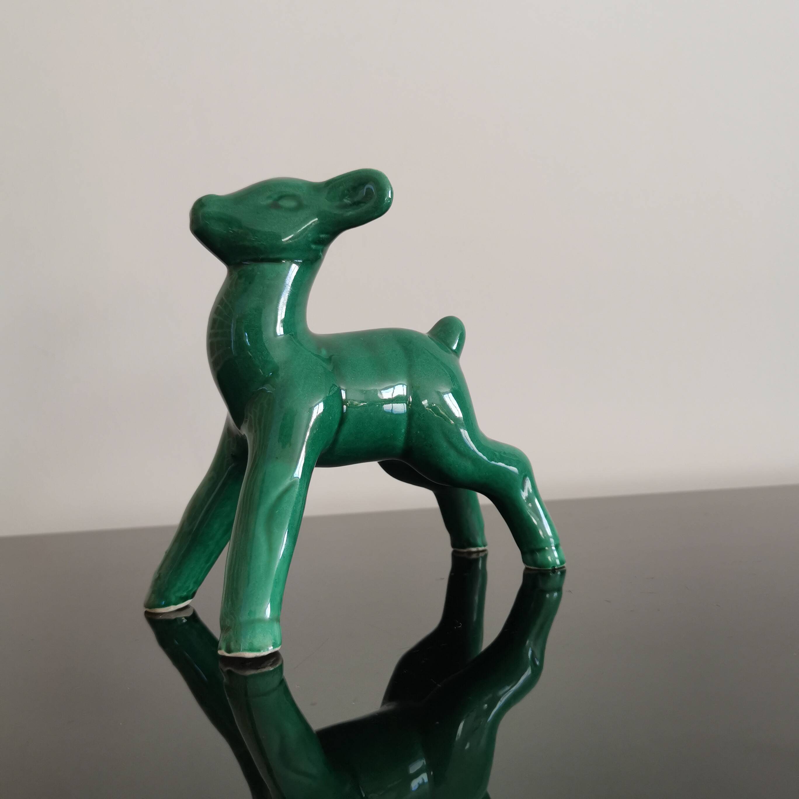 Vintage art deco green earthenware doe from the 60s