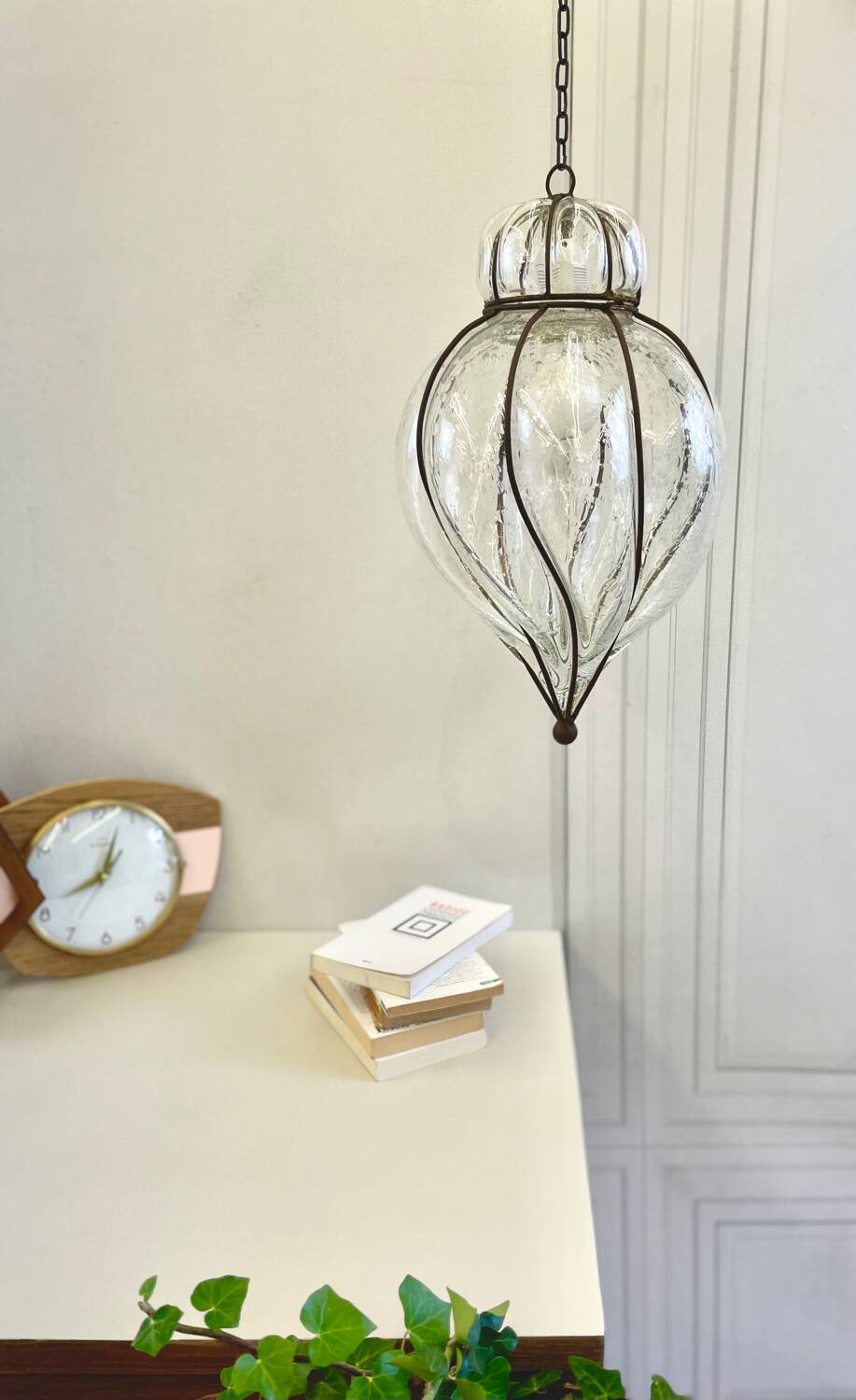 Vintage metal and blown glass lantern pendant.