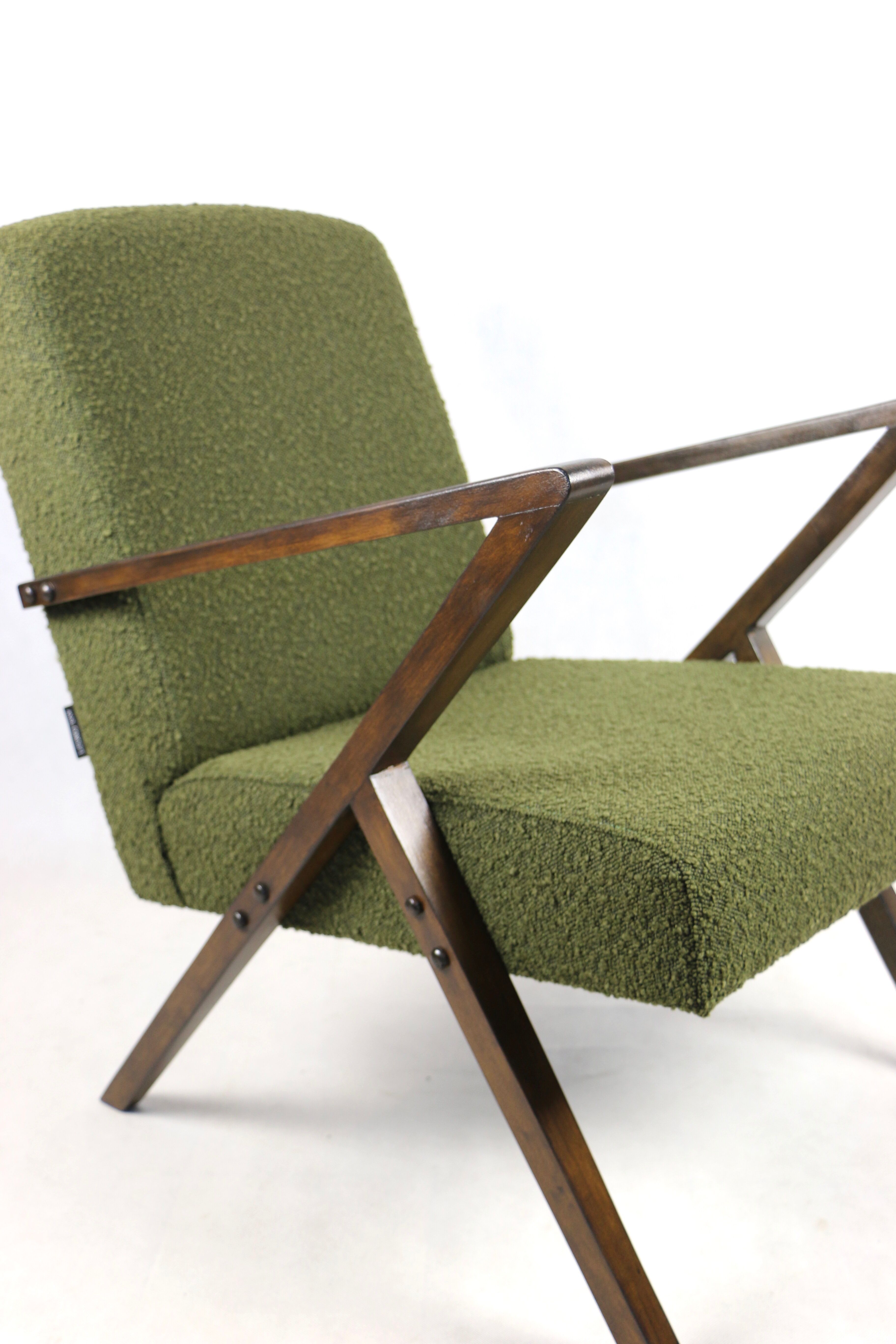 Vintage olive green boucle armchair, 1970s