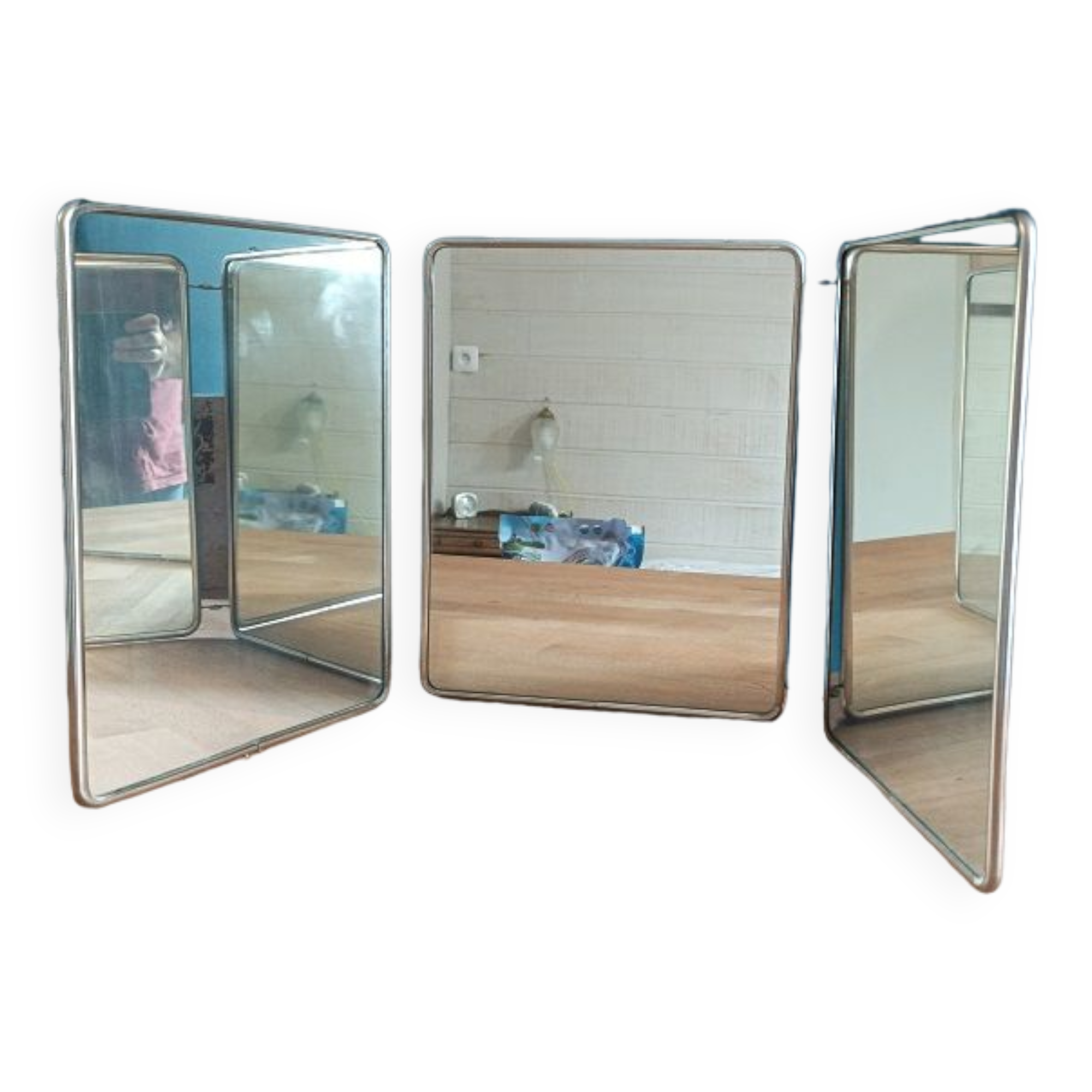 Miroir barbier triptyque entourage métal chromé patiné