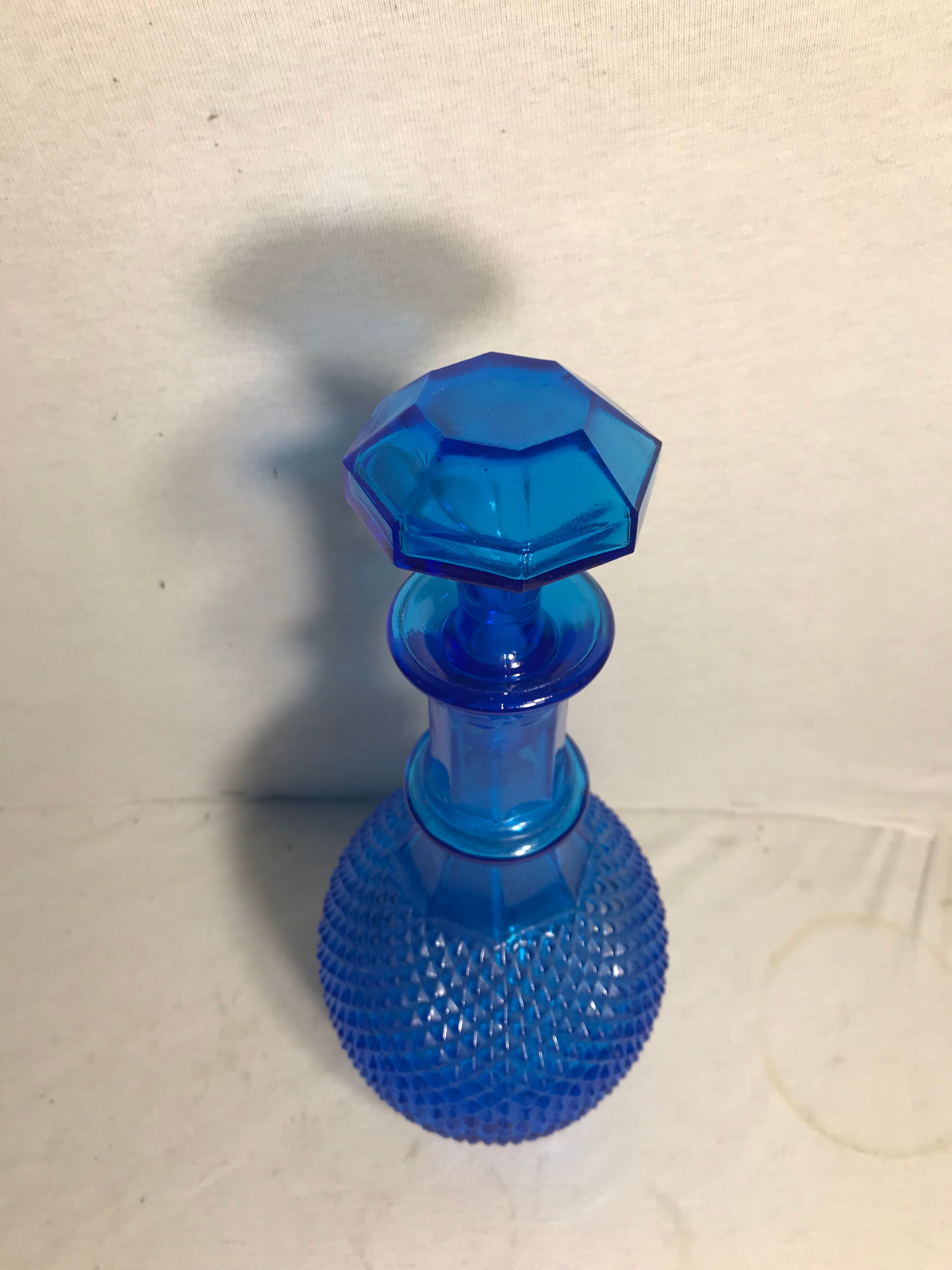 Old molded glass decanter bottle blue geometric shape + cap