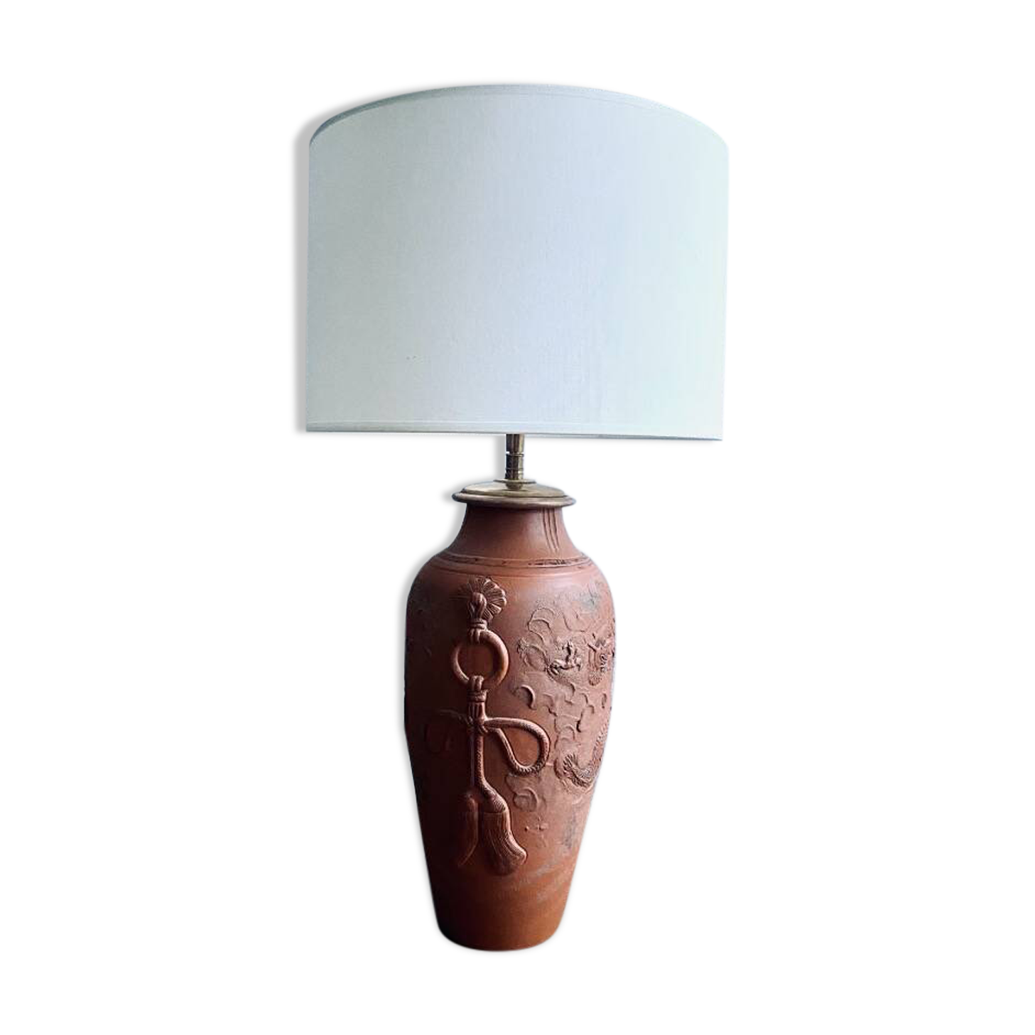 Terracotta lamp, new fabric cable, cotton lampshade.