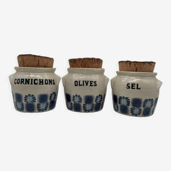 3 vintage kitchen pots in Limoges stoneware, cork stopper, blue palma