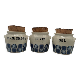 3 vintage kitchen pots in Limoges stoneware, cork stopper, blue palma