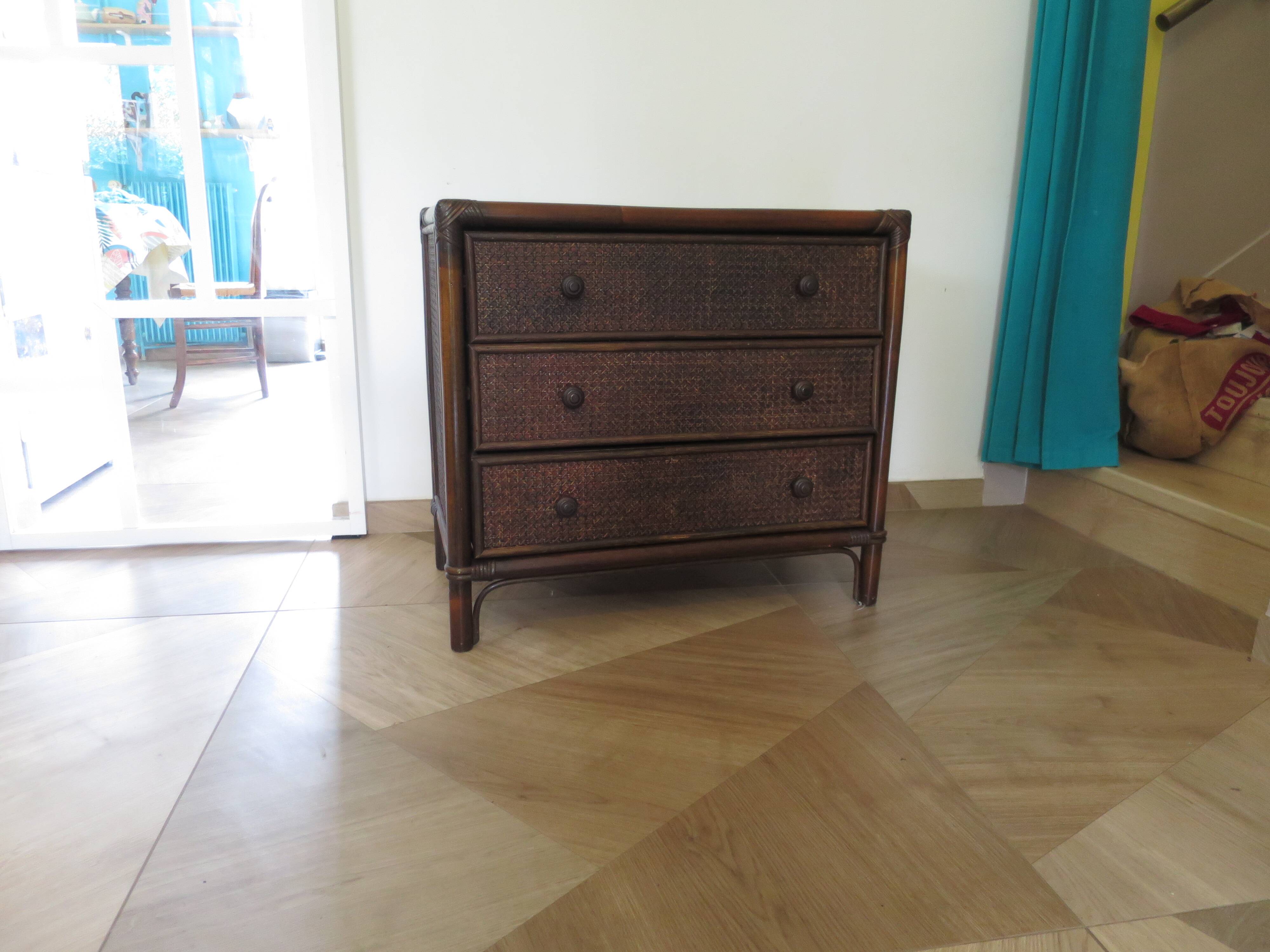 Vintage 3-drawer chest of drawers - wood, bamboo and woven rattan - 1980s