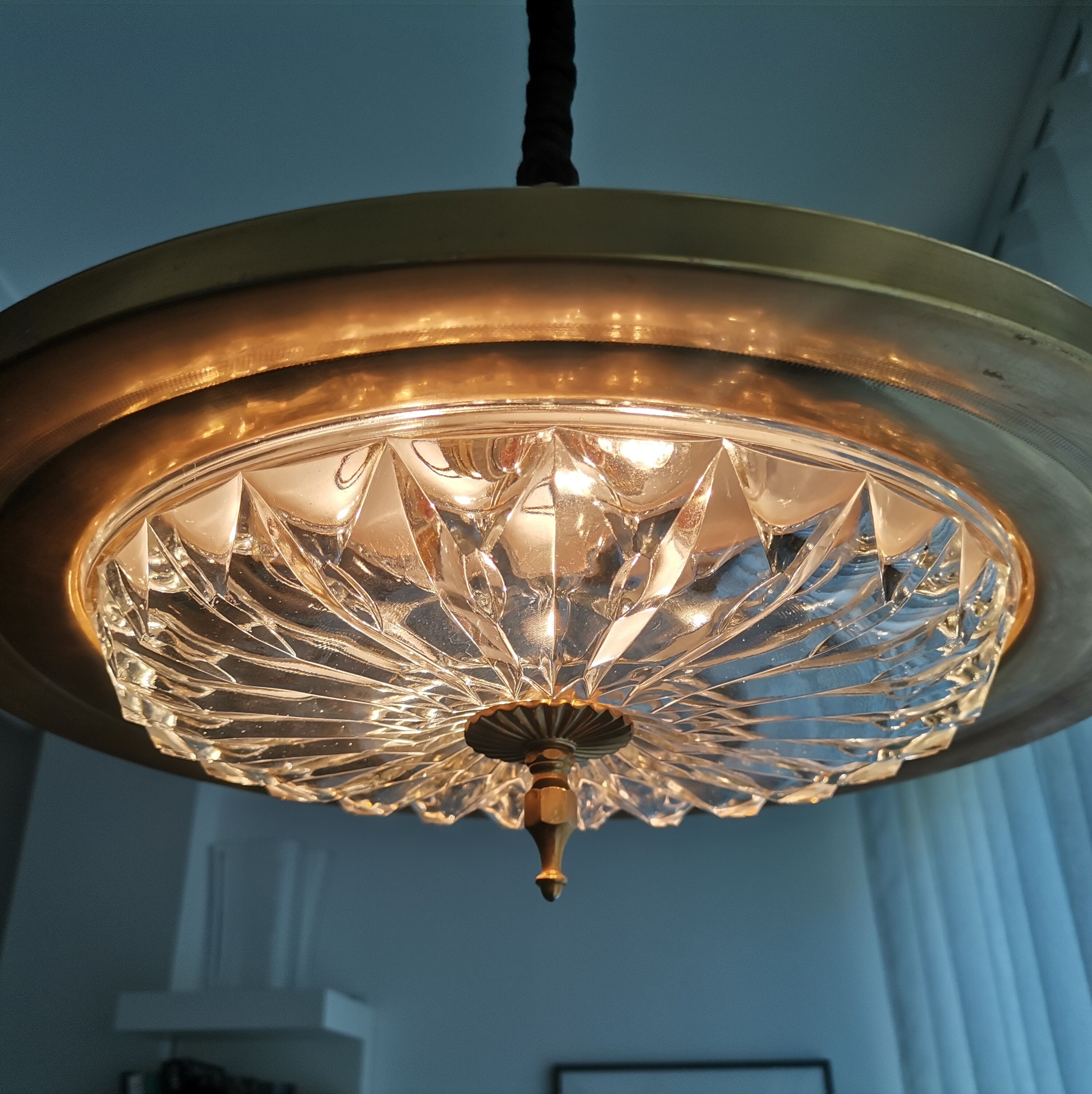 1960s mid century cream metal and crystal pull down large hanging lamp