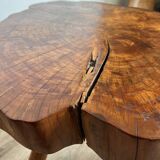 Brutalist coffee table, elm slice, tripod, 1960s