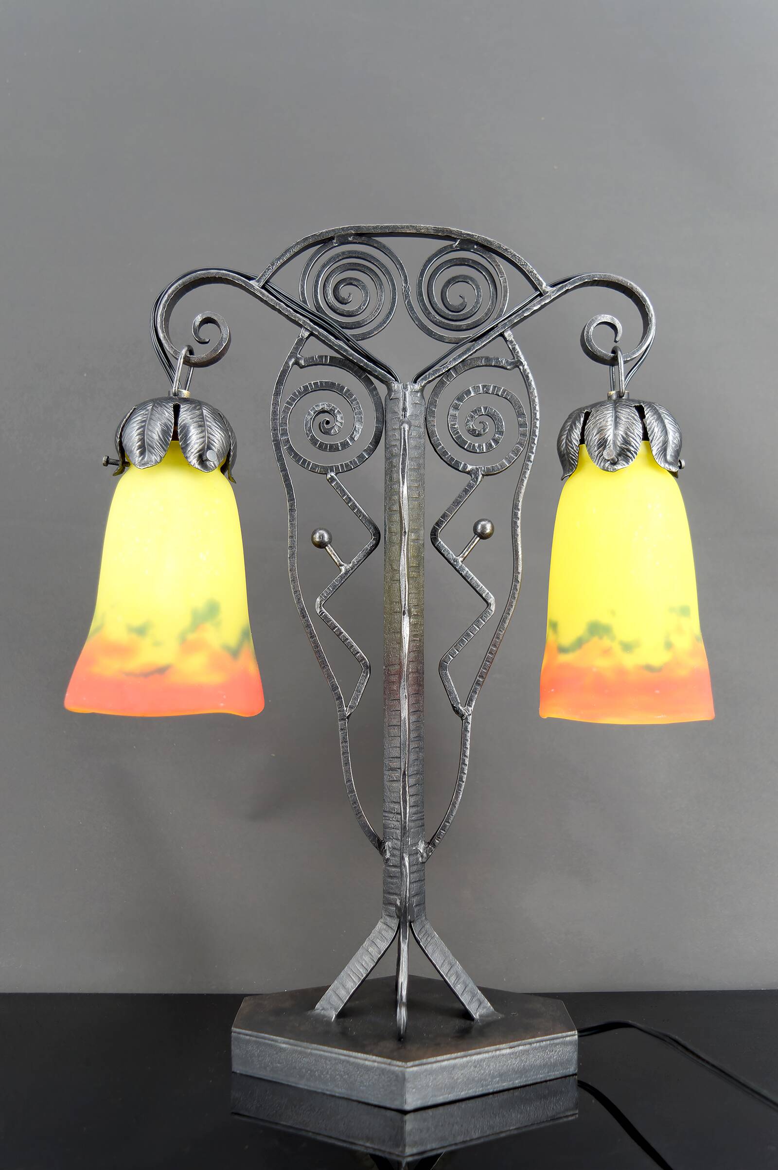 Bicéphale Art Deco lamp in wrought iron – Muller Frères Lunéville, circa 1930