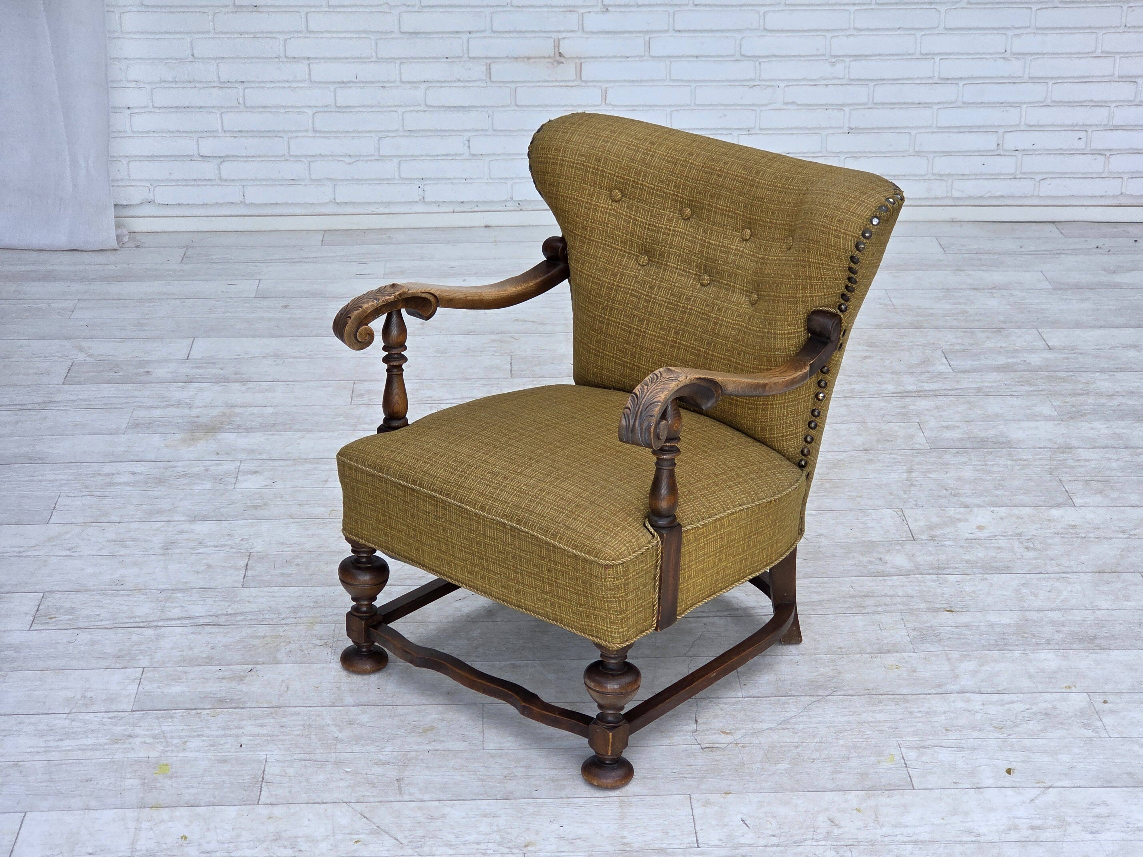 1960s, Danish armchair, original green furniture wool, carved oak wood,