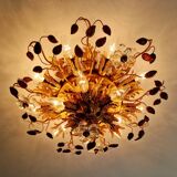 Large floral ceiling light in gilded metal and crystal, Banci Firenze, 1970.