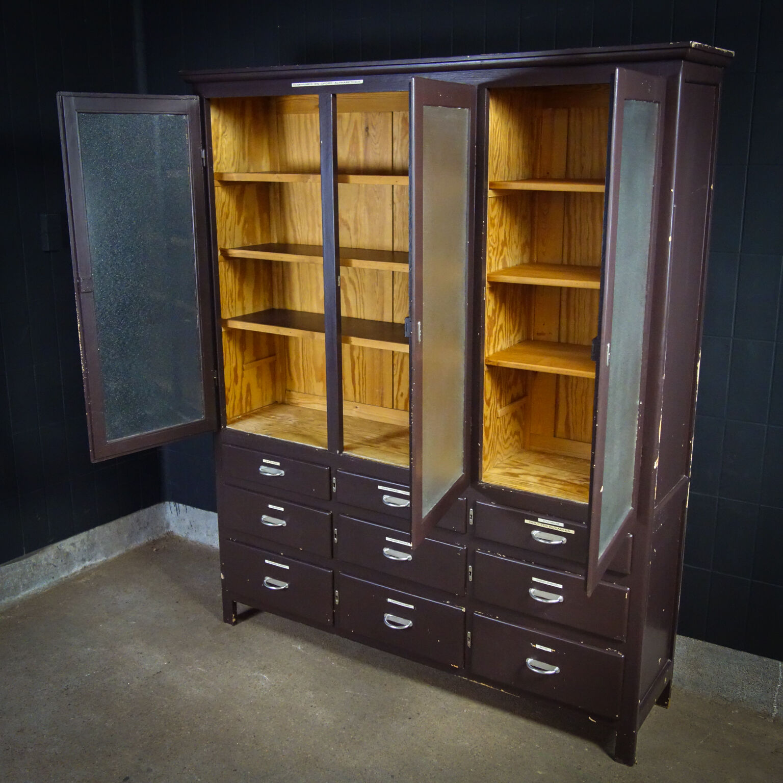 Medical display cabinet with drawers 1950