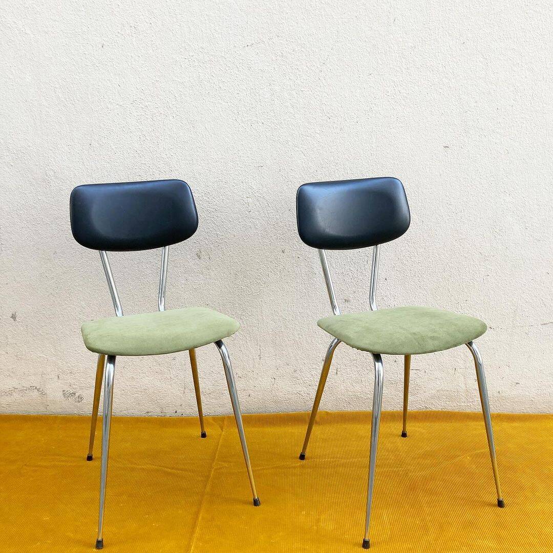 Pair of chrome metal, black leatherette and green velvet chairs, 1970s