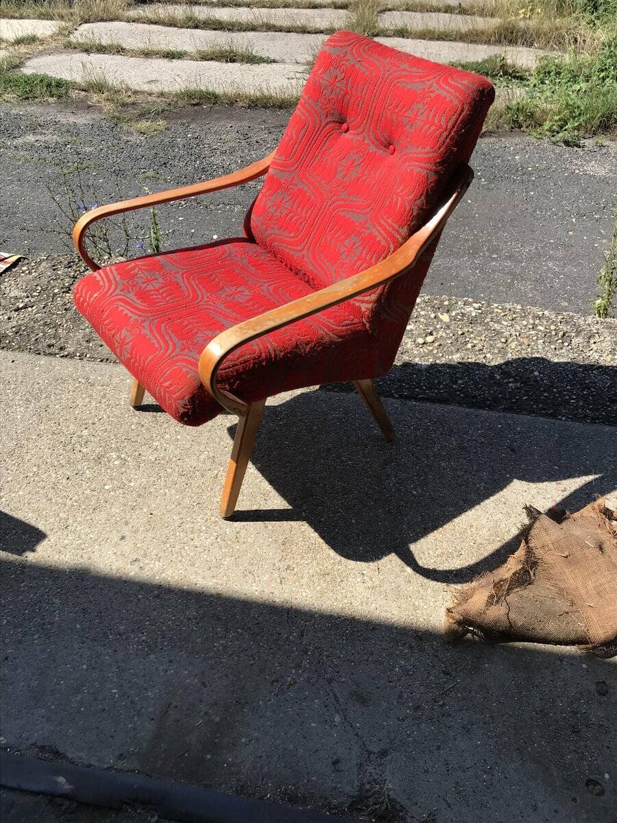 Vintage Czechoslovak armchair in wood and multicoloured fabric by Jaroslav Smidek (1960s)