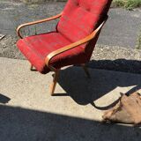 Vintage Czechoslovak armchair in wood and multicoloured fabric by Jaroslav Smidek (1960s)