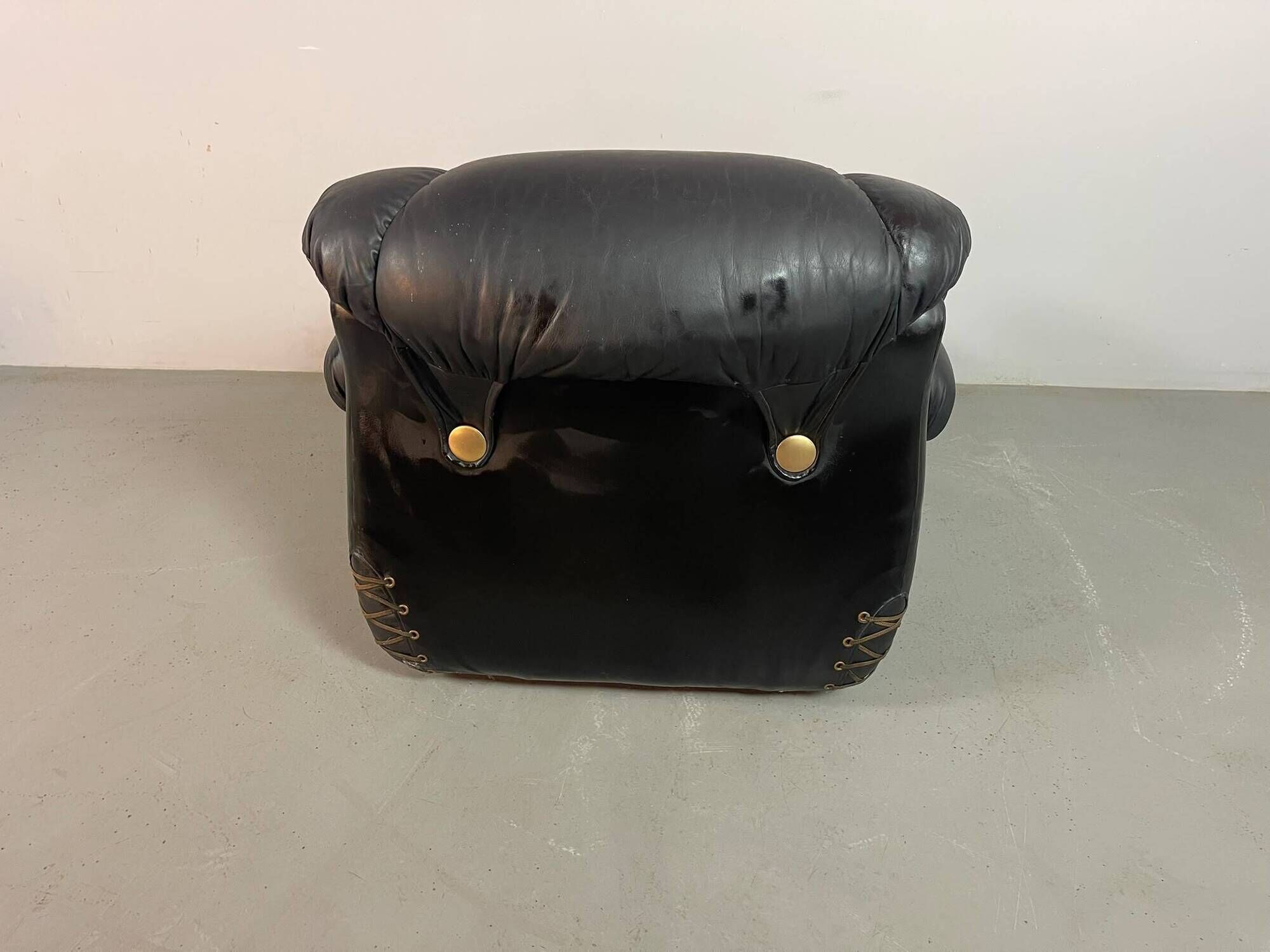 Large Set of Italian Space Age Black Leather Lounge Chairs with Brass