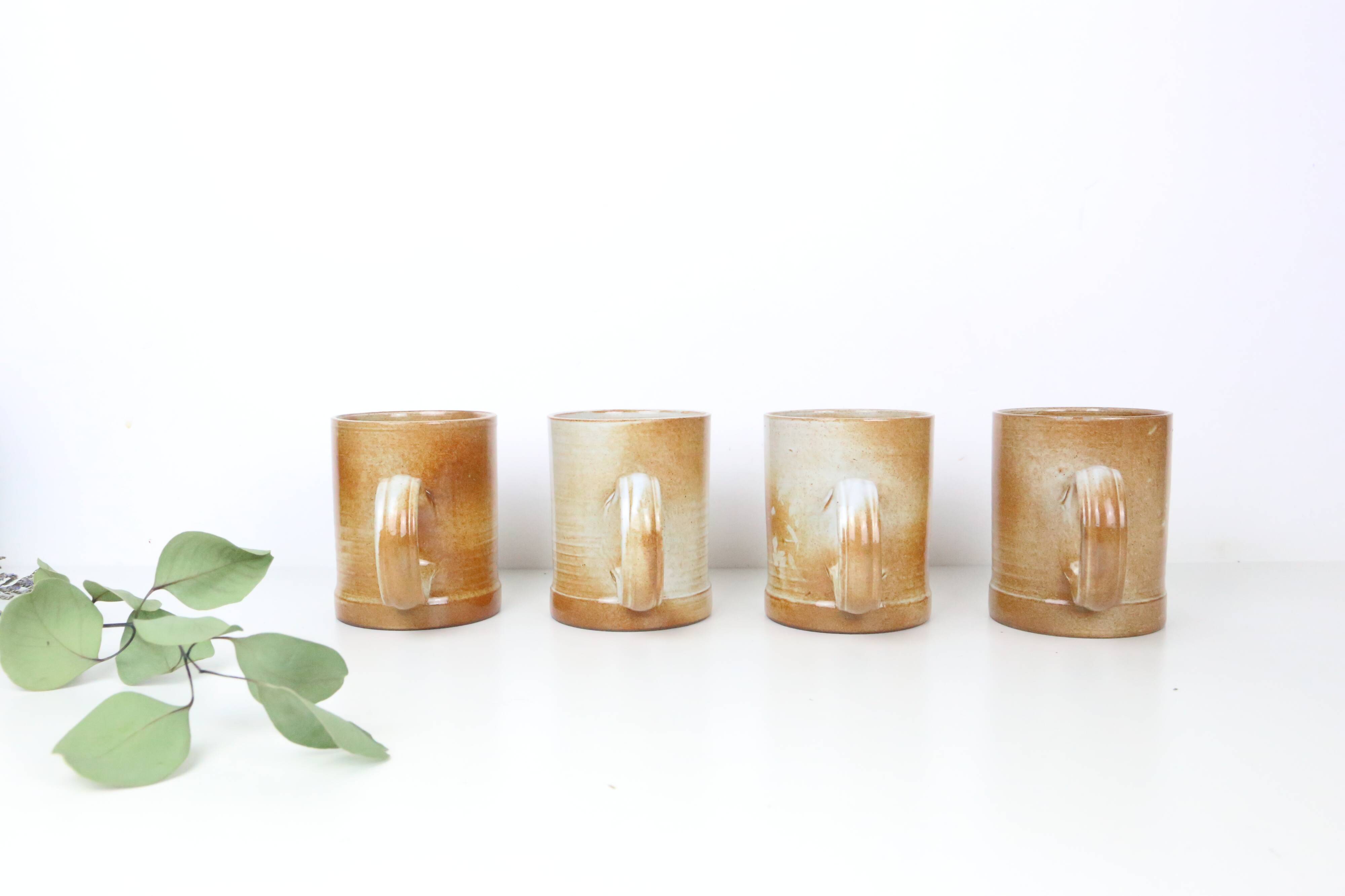 Set of 4 stoneware mugs, artisanal pottery, 1980