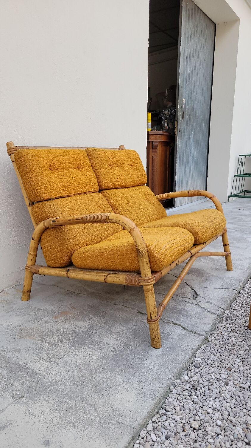 Salon canapé, 2 fauteuils et table basse en rotin vintage fabrication 1950