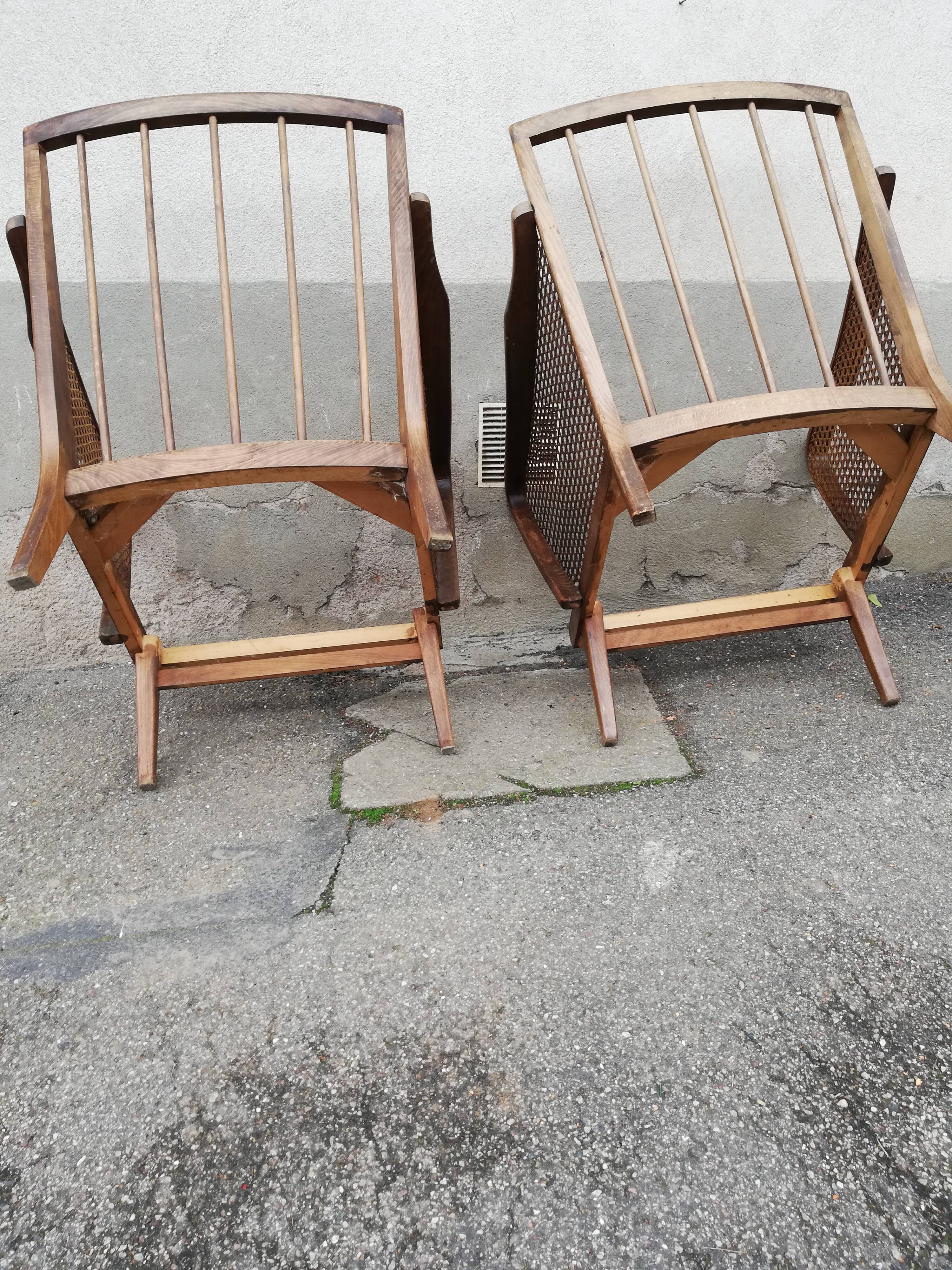 Paire de fauteuils vintage pieds compas et cannage