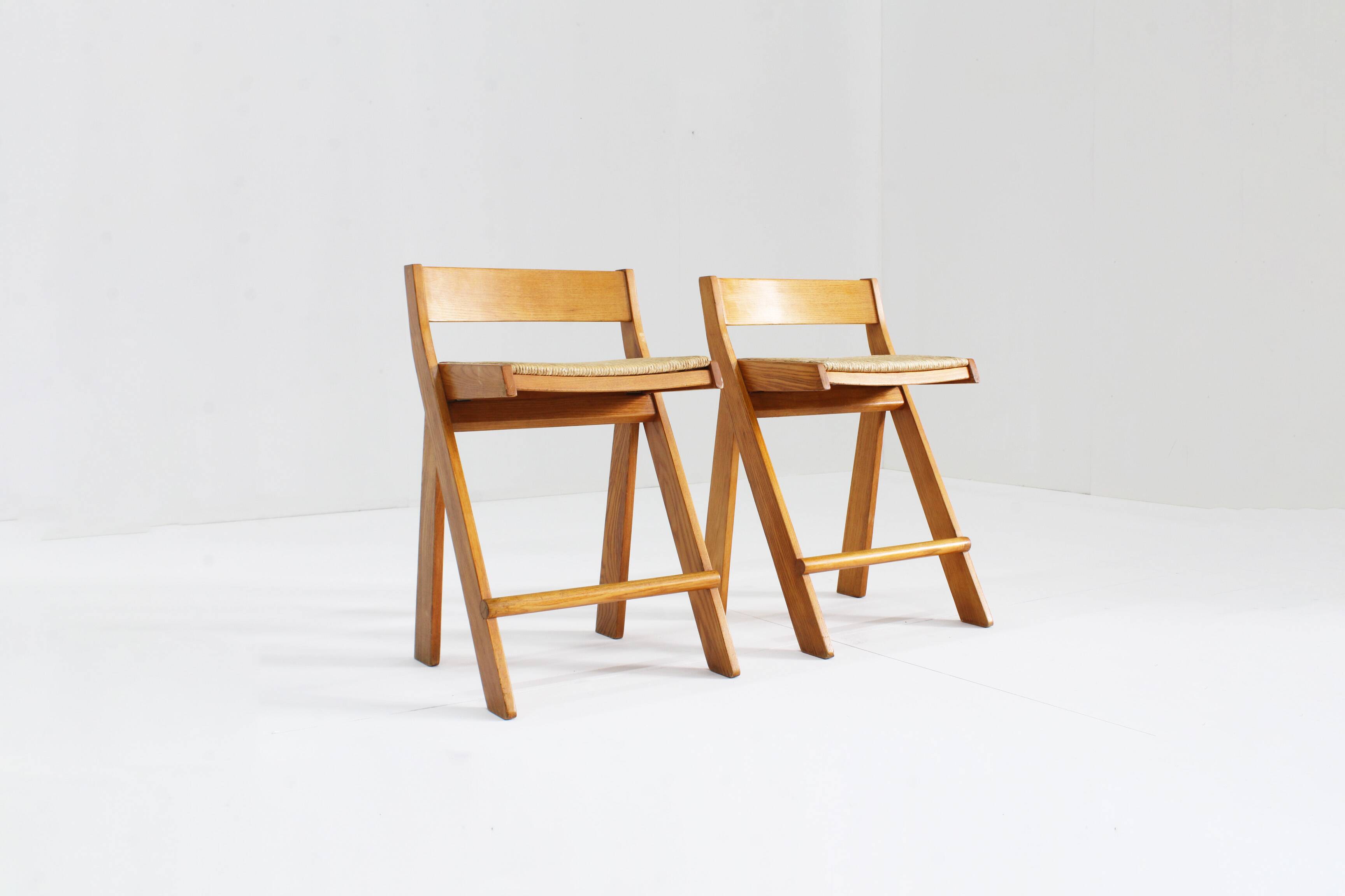 Vintage Italian wood and rope bar stools , set of 2